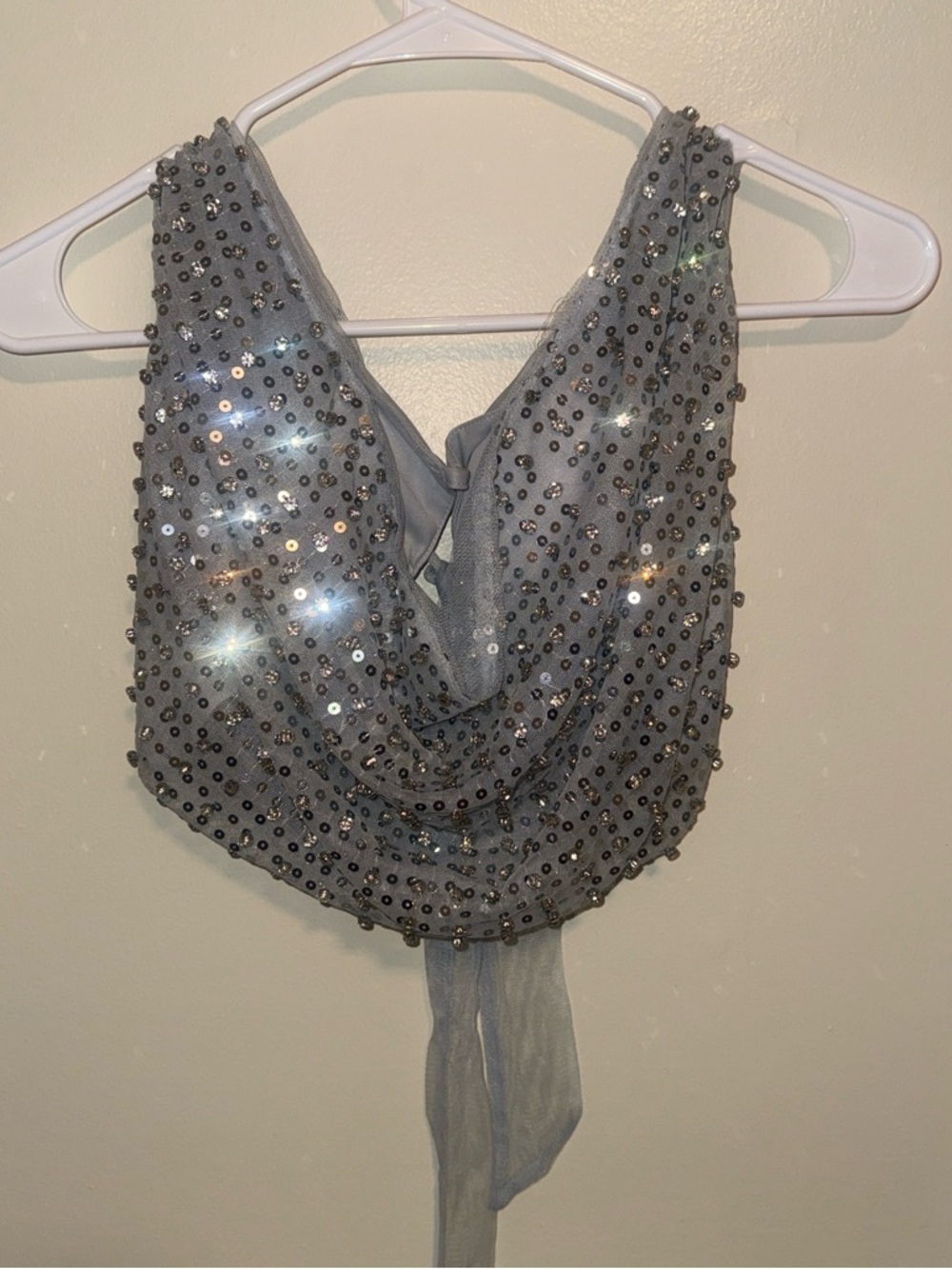 Sequined Grey Drape Back Top